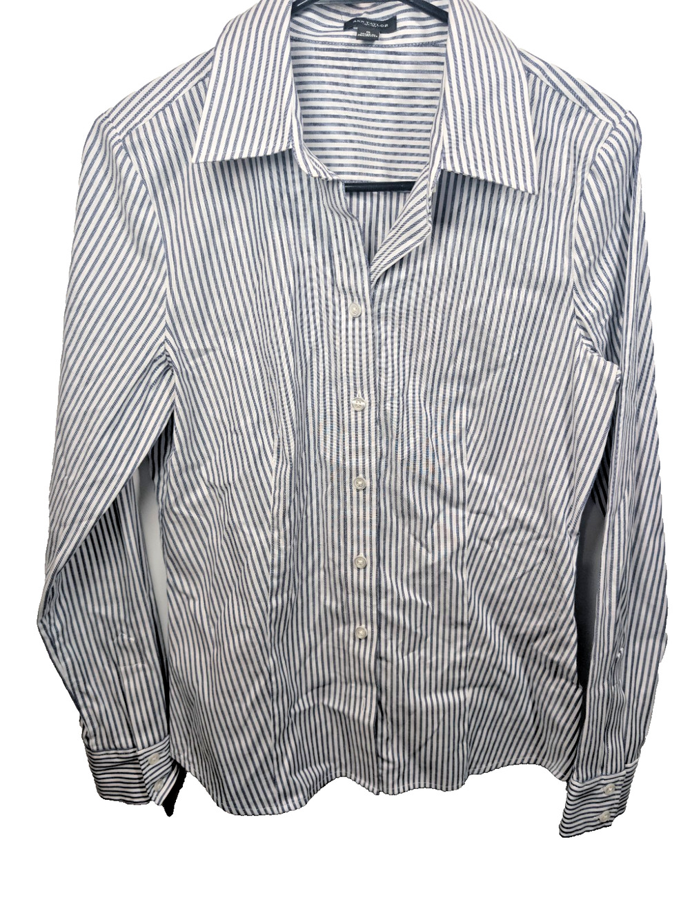 Ann Taylor The Perfect Shirt 6 M Navy White Striped Button Down Blouse Work Top